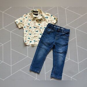 Happy Fella|Baby boy/toddler cool set,Cream Dinosaur Button-Up Shirt & jeans•3T